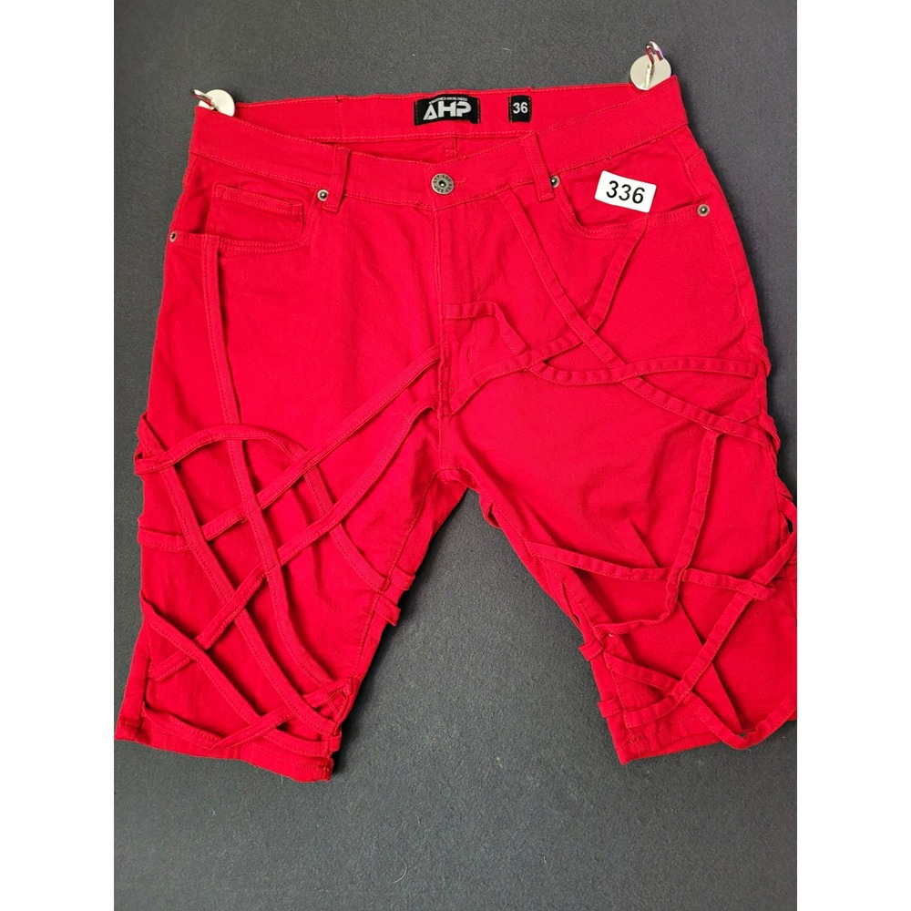AHP Men's Red Cotton Blend Denim Chino Shorts Flat Front 5-Pocket 36